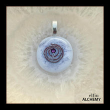 Load image into Gallery viewer, zodiac Aquarius elfin alchemy cosmic spiral white fused glass pendant with an amethyst Swarovski crystal