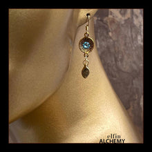 Load image into Gallery viewer, zodiac birthstone Pisces aquamarine Swarovski crystal earrings in gold tone plated metal handmade by elfin alchemy in Lancashire