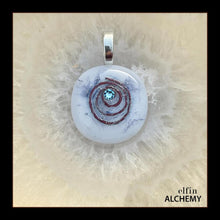 Load image into Gallery viewer, zodiac Pisces birthstone crystal elfin alchemy cosmic spiral white fused glass pendant with an aquamarine Swarovski crystal