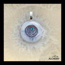 Load image into Gallery viewer, zodiac Sagittarius birthstone crystal elfin alchemy cosmic spiral white fused glass pendant with a blue zircon Swarovski crystal