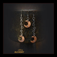 Load image into Gallery viewer, elfin alchemy copper crescent moon with Swarovski crystals earrings celestial collection inspired by the magical art of our ancient ancestors, handmade in Lancashire, England