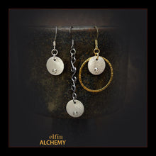 Load image into Gallery viewer, elfin alchemy sterling silver plated copper moon with Swarovski crystals earrings, the celestial collection inspired by the magical art of our ancient ancestors, handmade in Lancashire, England