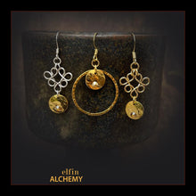 Load image into Gallery viewer, elfin alchemy sun charm with Swarovski crystals earrings celestial collection inspired by the magical art of our ancient ancestors, handmade in Lancashire, England