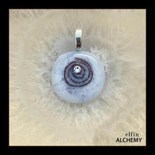 Load image into Gallery viewer, zodiac Aries birthstone crystal elfin alchemy cosmic spiral white fused glass pendant with a crystal Swarovski crystal