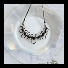 Load image into Gallery viewer, elfin alchemy sculptural squiggle necklace with black onyx and agate gemstone beads handcrafted in Lancashire