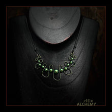 Load image into Gallery viewer, elfin alchemy emerald, verdigris and moss greens sculptural squiggle necklace with Swarovski pearls handcrafted in Lancashire