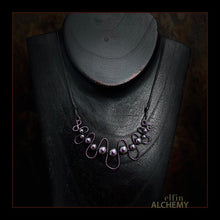 Load image into Gallery viewer, elfin alchemy purple sculptural squiggle necklace with Swarovski pearls handcrafted in Lancashire
