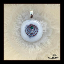 Load image into Gallery viewer, zodiac Taurus elfin alchemy cosmic spiral white fused glass pendant with an emerald Swarovski crystal