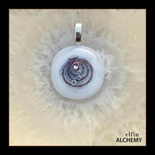 Load image into Gallery viewer, zodiac Gemini birthstone crystal elfin alchemy cosmic spiral white fused glass pendant with a light amethyst crystal Swarovski crystal