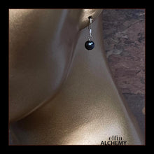 Load image into Gallery viewer, elfin alchemy sterling silver earrings with dark grey colour cultured freshwater pearls, handmade in Lancashire, England