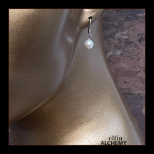 Load image into Gallery viewer, elfin alchemy sterling silver earrings with off-white colour cultured freshwater pearls, handmade in Lancashire, England