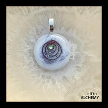 Load image into Gallery viewer, zodiac Leo elfin alchemy cosmic spiral white fused glass pendant with a peridot Swarovski crystal