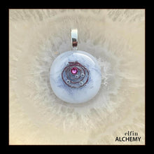 Load image into Gallery viewer, zodiac Libra elfin alchemy cosmic spiral white fused glass pendant with a rose Swarovski crystal