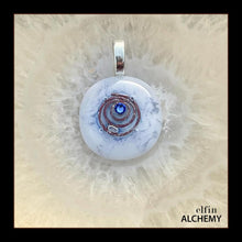 Load image into Gallery viewer, zodiac Virgo elfin alchemy cosmic spiral white fused glass pendant with a sapphire Swarovski crystal