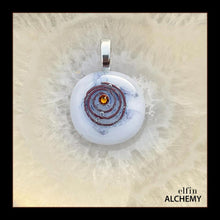 Load image into Gallery viewer, zodiac Scorpio elfin alchemy cosmic spiral white fused glass pendant with a topaz Swarovski crystal