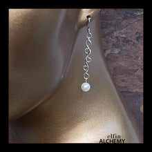 Load image into Gallery viewer, elfin alchemy sterling silver sculptural vine scroll earrings with off-white colour cultured freshwater pearls, inspired by the magical art of our ancient ancestors, handmade in Lancashire, England