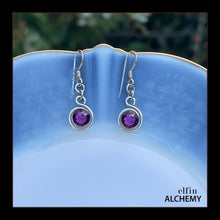 Load image into Gallery viewer, zodiac Aquarius birthstone elfin alchemy spiral earrings with amethyst colour Swarovski crystal, handcrafted in Lancashire