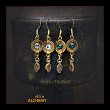 Load image into Gallery viewer, zodiac birthstone Aries and Taurus Swarovski crystal earrings in gold tone plated metal handmade by elfin alchemy in Lancashire
