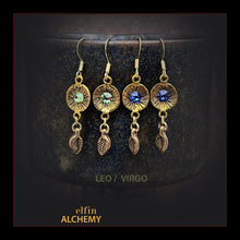 Load image into Gallery viewer, zodiac birthstone Leo and Virgo Swarovski crystal earrings in gold tone plated metal handmade by elfin alchemy in Lancashire