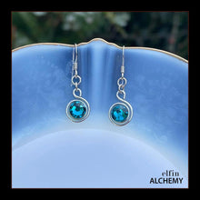 Load image into Gallery viewer, zodiac Sagittarius birthstone elfin alchemy spiral earrings with blue zircon colour Swarovski crystal, handcrafted in Lancashire