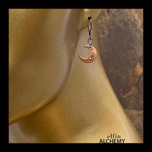 Load image into Gallery viewer, elfin alchemy copper crescent moon with Swarovski crystals earrings and plated ear hooks celestial collection inspired by the magical art of our ancient ancestors, handmade in Lancashire, England