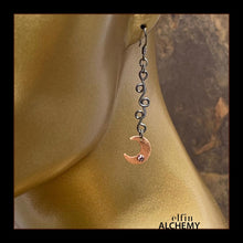 Load image into Gallery viewer, elfin alchemy copper crescent moon earrings with Swarovski crystals and metallic grey vine scrolls and plated ear hooks celestial collection inspired by the magical art of our ancient ancestors