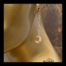 Load image into Gallery viewer, elfin alchemy copper crescent moon earrings with Swarovski crystals and sterling silver vine scrolls and ear hooks, the celestial collection inspired by the art of our ancient ancestors, handcrafted for you in Lancashire England