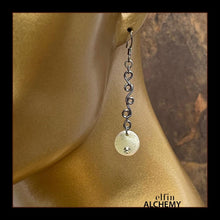 Load image into Gallery viewer, elfin alchemy sterling silver plated copper moon earrings with Swarovski crystals and metallic colour vine scrolls, the celestial collection inspired by the magical art of our ancient ancestors