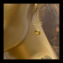 Load image into Gallery viewer, elfin alchemy sun charm byzantine scroll earrings with Swarovski crystals, the celestial collection inspired by the magical art of our ancient ancestors, handmade in Lancashire, England