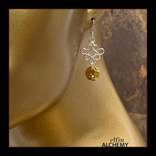 Load image into Gallery viewer, elfin alchemy sun charm byzantine scroll sterling silver earrings with Swarovski crystals, mixed metals, the celestial collection inspired by the magical art of our ancient ancestors, handmade in Lancashire, England