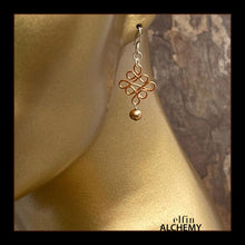 Load image into Gallery viewer, elfin alchemy copper sculptural Celtic style freshwater pearl earrings inspired by the magical art of our ancient ancestors, handmade in Lancashire, England