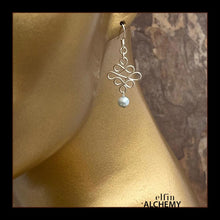 Load image into Gallery viewer, elfin alchemy sterling silver and pale blue sculptural Celtic style freshwater pearl earrings inspired by the magical art of our ancient ancestors, handmade in Lancashire, England