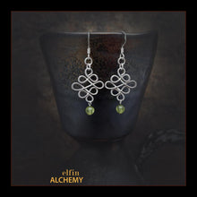 Load image into Gallery viewer, elfin alchemy sterling silver sculptural Celtic style peridot gemstone earrings inspired by the magical art of our ancient ancestors, handmade in Lancashire, England