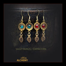 Load image into Gallery viewer, zodiac birthstone Sagittarius and Capricorn Swarovski crystal earrings in gold tone plated metal handmade by elfin alchemy in Lancashire