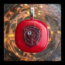 Load image into Gallery viewer, elfin alchemy cosmic spiral red fused glass pendant with Swarovski crystal handcrafted in Lancashire
