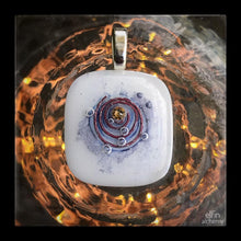 Load image into Gallery viewer, elfin alchemy cosmic spiral white fused glass pendant with Swarovski crystal handcrafted in Lancashire