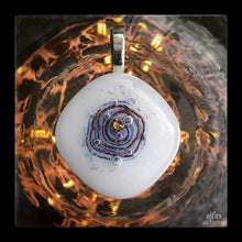 Load image into Gallery viewer, elfin alchemy cosmic spiral white fused glass pendant with Swarovski crystal handcrafted in Lancashire
