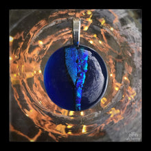 Load image into Gallery viewer, elfin alchemy turquoise blue and transparent blue zing sparkles fused glass pendant, abstract glass alchemy, handmade in Lancashire, England