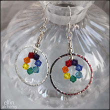 Load image into Gallery viewer, elfin alchemy silver colour hoop rainbow Swarovski earrings with stunning sparkles, handmade in Lancashire, England