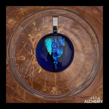 Load image into Gallery viewer, elfin alchemy turquoise blue and transparent blue zing sparkles fused glass pendant, abstract glass alchemy, handmade in Lancashire, England