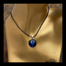 Load image into Gallery viewer, elfin alchemy turquoise blue and transparent blue zing sparkles fused glass pendant, abstract glass alchemy, handmade in Lancashire, England