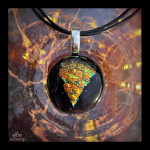 Load image into Gallery viewer, elfin alchemy coppery gold and transparent black zing sparkles fused glass pendant, abstract glass alchemy, handmade in Lancashire, England
