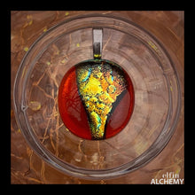 Load image into Gallery viewer, elfin alchemy coppery gold and transparent orange zing sparkles fused glass pendant, abstract glass alchemy, handmade in Lancashire, England