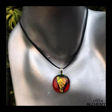 Load image into Gallery viewer, elfin alchemy coppery gold and transparent orange zing sparkles fused glass pendant, abstract glass alchemy, handmade in Lancashire, England