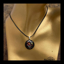 Load image into Gallery viewer, elfin alchemy coppery gold magma on black fused glass pendant, abstract glass alchemy, handmade in Lancashire, England