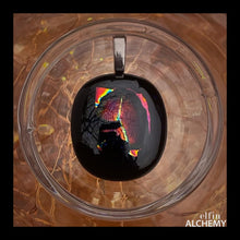 Load image into Gallery viewer, elfin alchemy coppery gold magma on black fused glass pendant, abstract glass alchemy, handmade in Lancashire, England