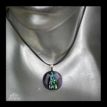 Load image into Gallery viewer, elfin alchemy peacock and purple zing sparkles fused glass pendant, abstract glass alchemy, handmade in Lancashire, England