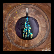 Load image into Gallery viewer, elfin alchemy peacock and purple zing sparkles fused glass pendant, abstract glass alchemy, handmade in Lancashire, England