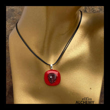 Load image into Gallery viewer, elfin alchemy cosmic spiral red fused glass pendant with Swarovski crystal handcrafted in Lancashire