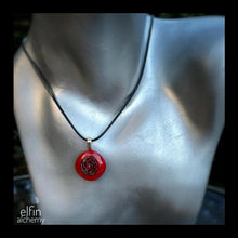 Load image into Gallery viewer, elfin alchemy cosmic spiral red fused glass pendant with Swarovski crystal handcrafted in Lancashire